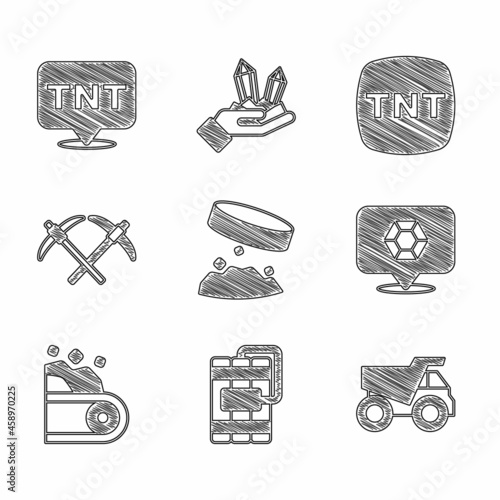 Set Giant magnet holding iron dust, Dynamite, Mining dump truck, Gem stone, Conveyor belt carrying coal, Pickaxe, and icon. Vector