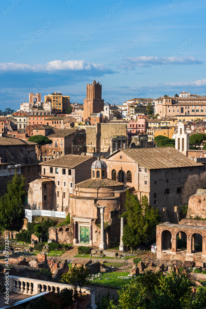 Aerial view of church and other medieval buildings in Rome