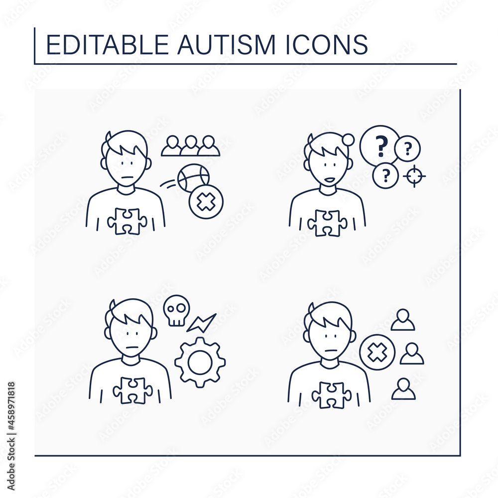 Autism spectrum disorder line icons set. Not engaging in play with peers, self abusive behaviors, social withdrawal.Neurodevelopmental disorder concept. Isolated vector illustration.Editable stroke Autism spectrum disorder line icons set. Not engaging in play with peers, self abusive behaviors, social withdrawal.Neurodevelopmental disorder concept. Isolated vector illustration.Editable stroke