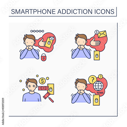 Smartphone addiction color icons set. Nomophobia, textaphrenia, online compulsions. Overwhelmed concept. Isolated vector illustrations