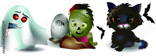 Set of cute Halloween characters. Black cat, zombie and ghost