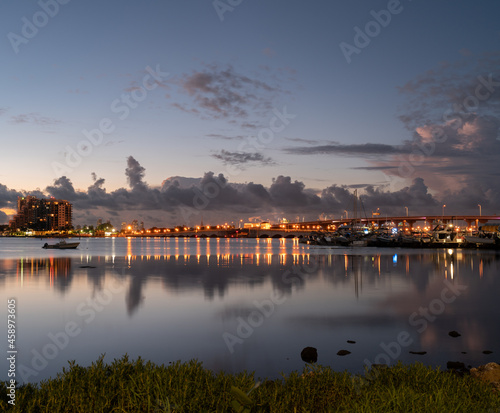 view sunrise panorama bridge lights sky clouds Miami Florida sea reflections water boats marina 