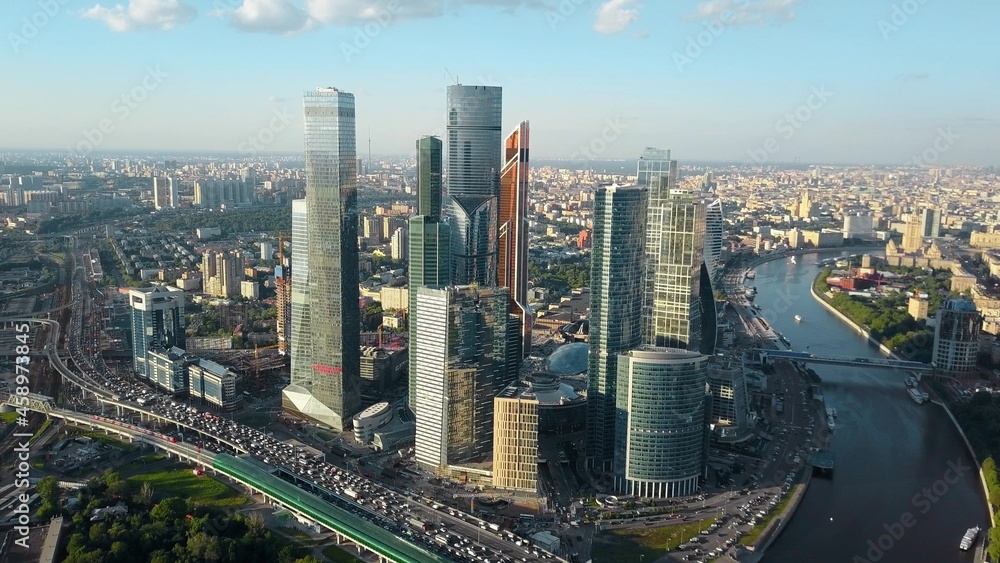 Aerial view of Moscow, Russia. Cityscape with business centre, traffic and river