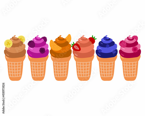 Vector collection of colorful ice cream of different flavors: strawberry, tangerine, blueberry, raspberry, blackberry, banana. Illustration on white background.
