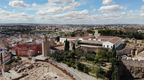 Badajoz, Spain, September 10, 2021: DRONE AERIAL FOOTAGE - The Espantaperros Tower is in the eastern part of the Citadel and is a watchtower. It has an octagonal plan Most of the tower is solid.  photo