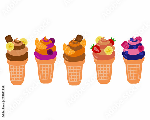 Vector collection of colorful ice cream of different flavors: strawberry, tangerine, blueberry, raspberry, blackberry, banana. Illustration on white background.