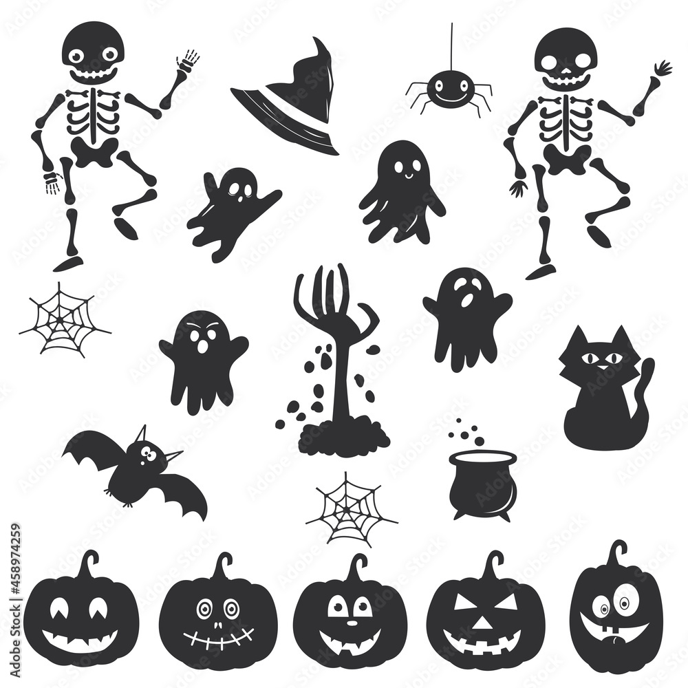 Obraz premium A set of Halloween images. Silhouettes on a white background. 