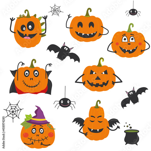 A set of Halloween images. Pumpkin lanterns with different characters. 