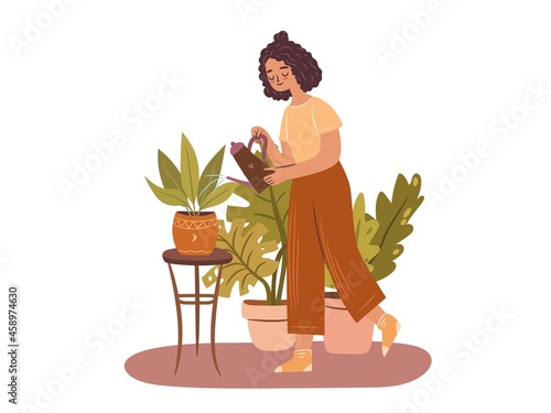 Happy plant lady. Young Afro-American woman plant lover taking care of houseplant. Girl watering a potted plant. Flat vector illustration on white background