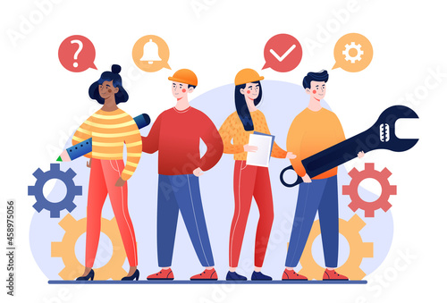 Business Team concept. Men and women with tools, pencils and sheets in their hands. Employees of construction company. Cartoon contemporary flat vector illustration isolated on white background