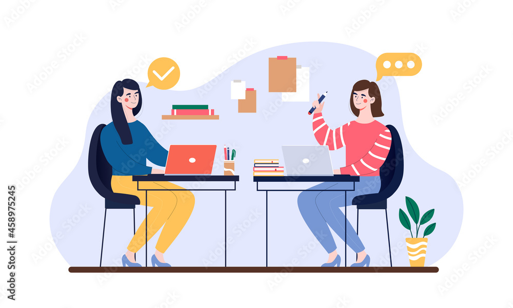Office workers perform tasks. Women sit at workplace and discuss details of project. Employees fulfilled order. Colleagues communicate. Cartoon flat vector illustration isolated on white background