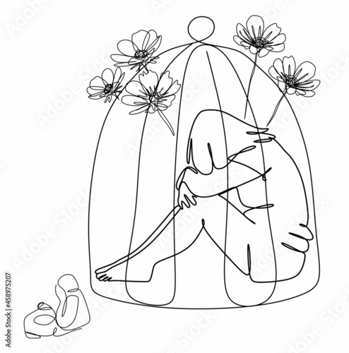 continuous drawing with one line of a girl in a cage and flowers