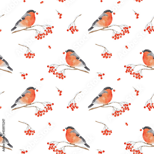 Foto Seamless pattern with watercolor bullfinch on snow-covered branch of rowan