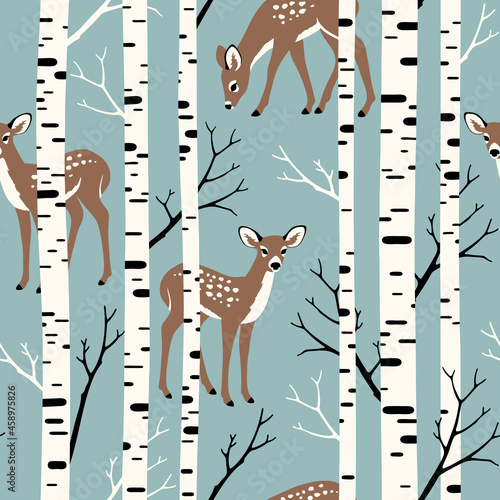 Seamless vector pattern with deer and birch forest. Perfect for textile, wallpaper or print design. © MirabellePrint
