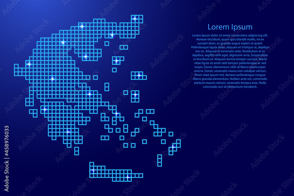 Greece map silhouette from blue mosaic structure squares and glowing stars. Vector illustration.
