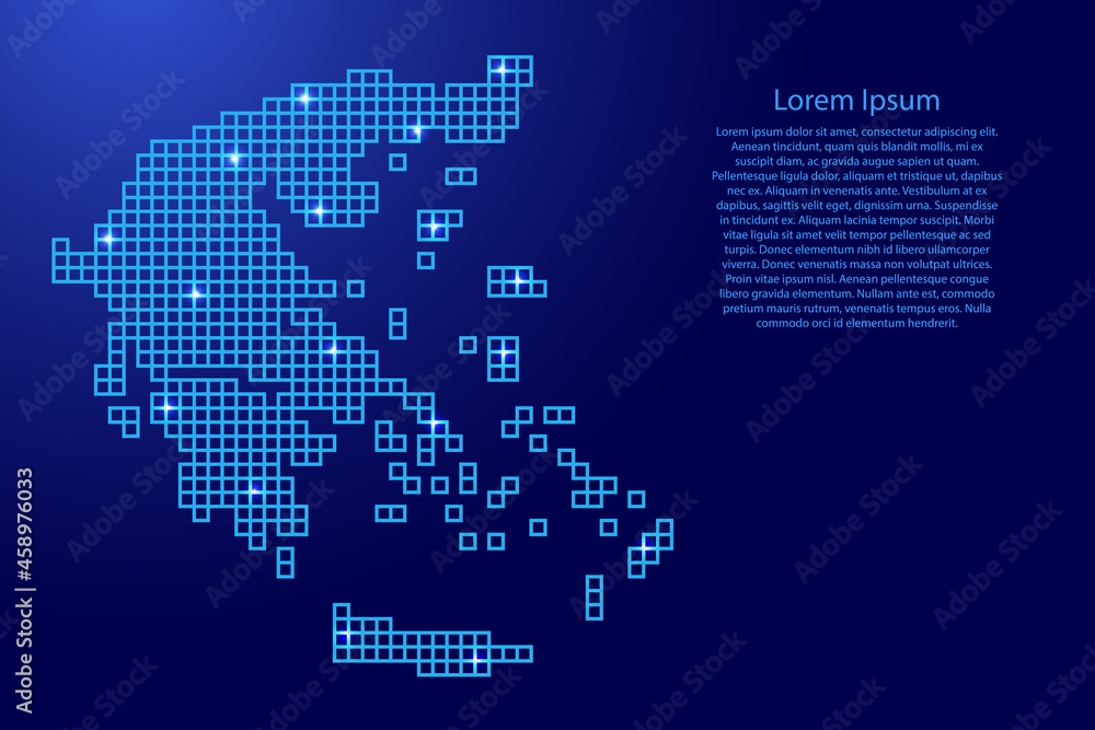 Greece map silhouette from blue mosaic structure squares and glowing stars. Vector illustration. Greece map silhouette from blue mosaic structure squares and glowing stars. Vector illustration.