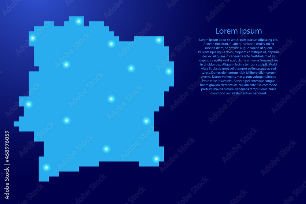 Ivory Coast map silhouette from blue square pixels and glowing stars. Vector illustration.
