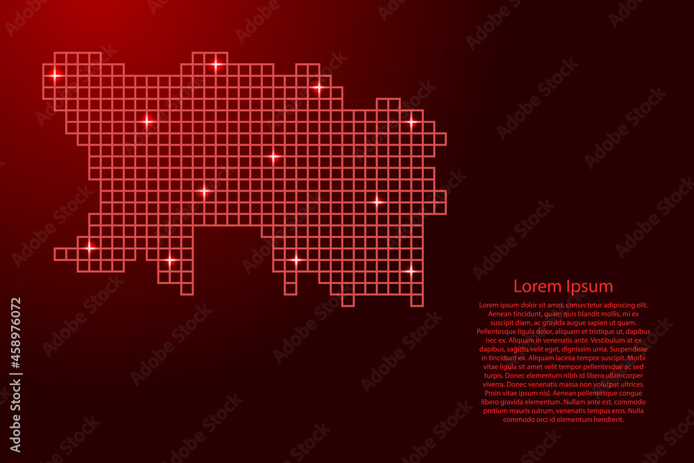 Jersey map silhouette from red mosaic structure squares and glowing stars. Vector illustration. Jersey map silhouette from red mosaic structure squares and glowing stars. Vector illustration.