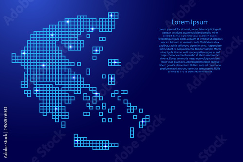 Greece map silhouette from blue mosaic structure squares and glowing stars. Vector illustration.