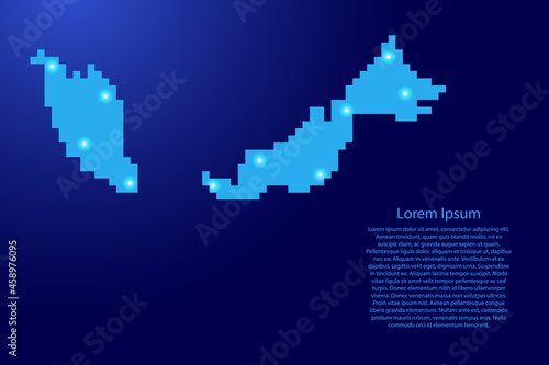 Malaysia map silhouette from blue square pixels and glowing stars. Vector illustration.