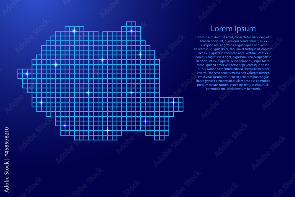 Romania map silhouette from blue mosaic structure squares and glowing stars. Vector illustration.