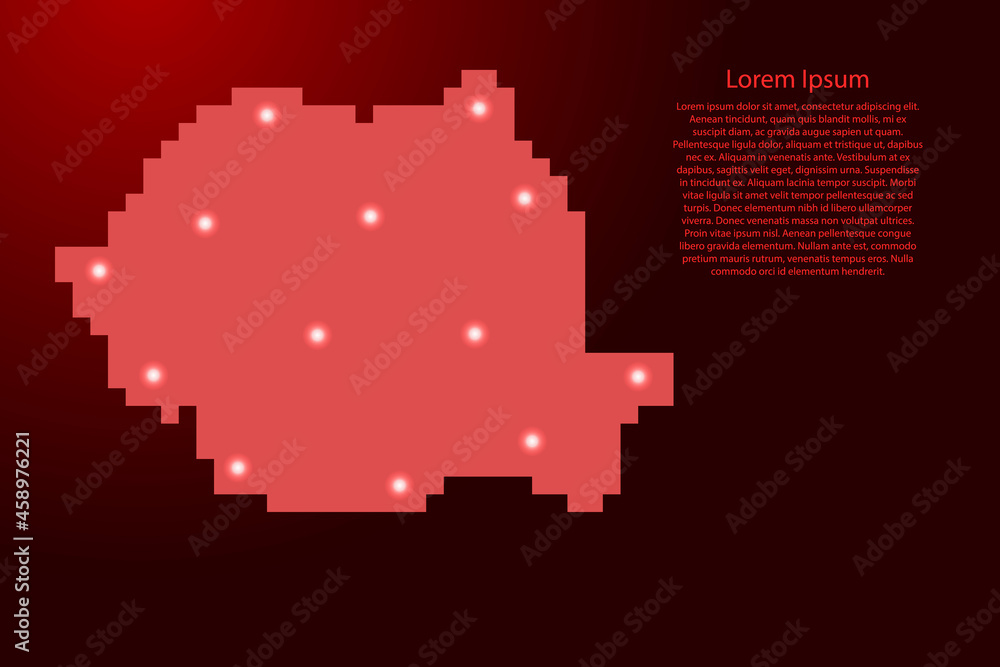 Romania map silhouette from red square pixels and glowing stars. Vector illustration.