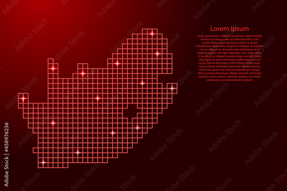 South Africa map silhouette from red mosaic structure squares and glowing stars. Vector illustration. South Africa map silhouette from red mosaic structure squares and glowing stars. Vector illustration.