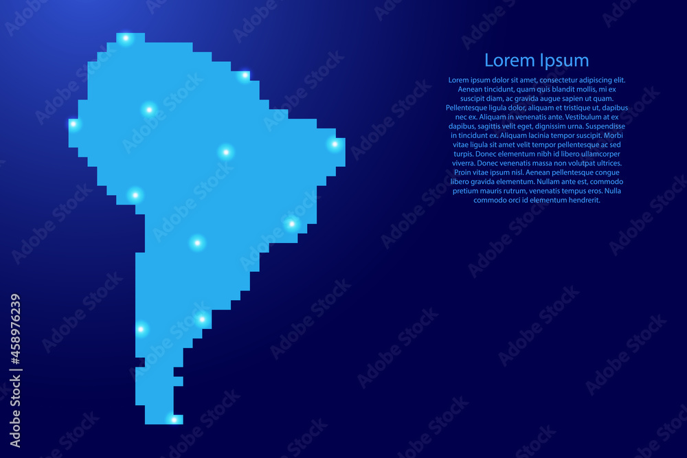 South America map silhouette from blue square pixels and glowing stars. Vector illustration.