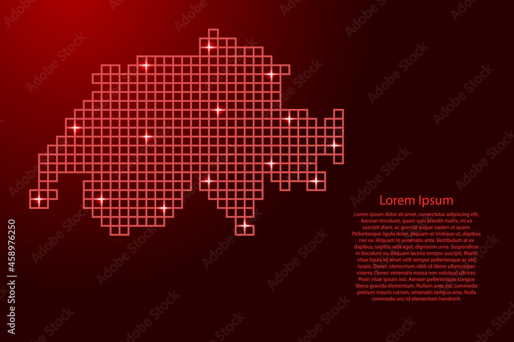 Switzerland map silhouette from red mosaic structure squares and glowing stars. Vector illustration.