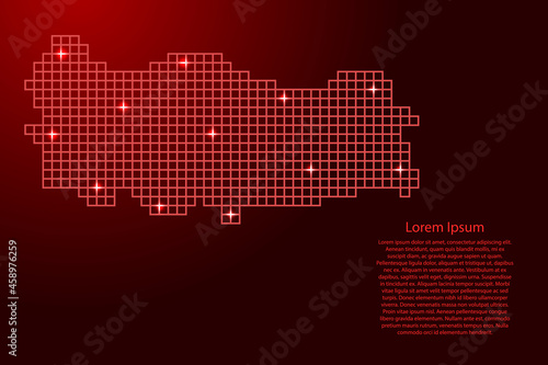 Turkey map silhouette from red mosaic structure squares and glowing stars. Vector illustration.