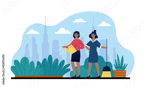 City gardening concept. Women plant flowers in city center. Gardening and caring for environment. Ecological balance. Cartoon contemporary flat vector illustration isolated on white background