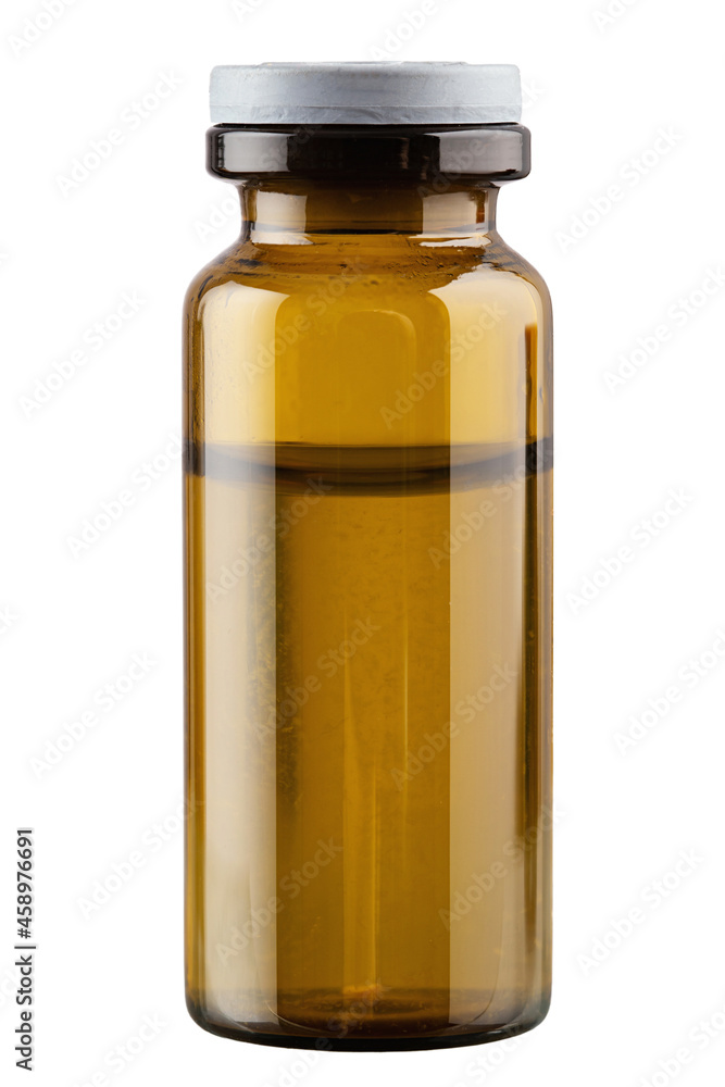 Bottle with liquid medicine. Transparent brown vial with lid. Stop your virus today. File contains clipping path. Bottle with liquid medicine. Transparent brown vial with lid. Stop your virus today. File contains clipping path.