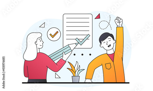 Signed business contract. Man happy about new employment contract. Metaphor for career opportunities. Effective partnership. Cartoon doodle flat vector illustration isolated on white background