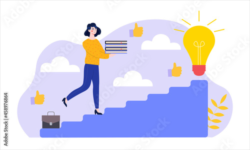 Brainstorming and coming up with new ideas. Woman with books in her hands climbs stairs to new business solution. Metaphor for growth and success. Cartoon flat vector illustration on white background