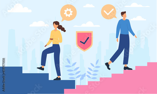 Gender inequality in business concept. Different career opportunities for men and women. Easy and false path. Modern social problems. Cartoon flat vector illustration isolated on blue background