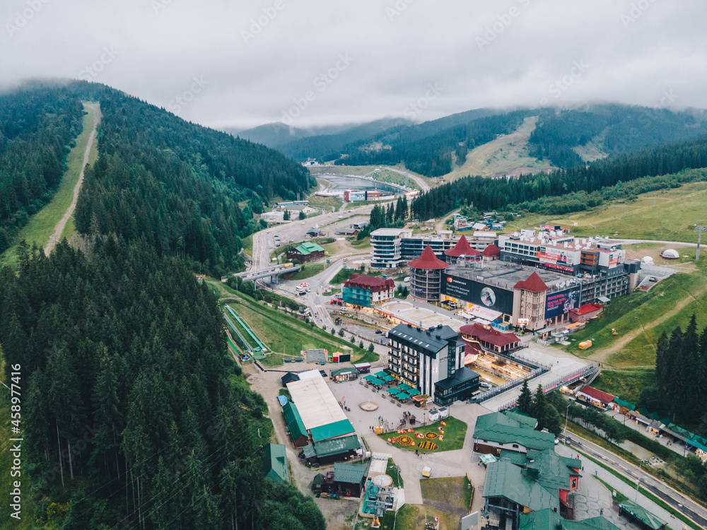 panoramic view of bukovel in Ukrainian carpathian mountains