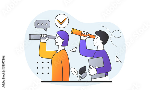 People look into future through telescope. Curious businessmen looking for new idea for development and promotion. Business vision. Cartoon doodle flat vector illustration isolated on white background