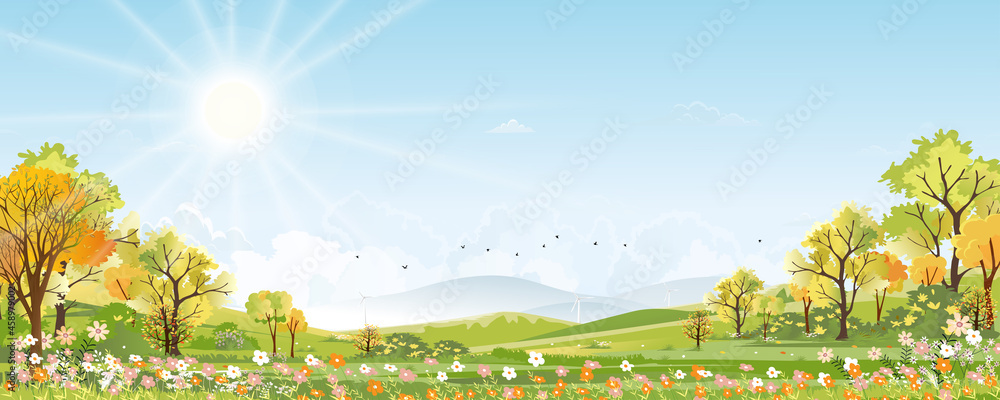 Spring landscape in village with green field and sunset,Vector flat cartoon rural farmland with mountain, forest, blue sky, Natural scene in countryside,Panorama view on sunny day Summer