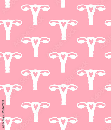 Vector seamless pattern of flat hand drawn uterus silhouette and heart isolated on pink background