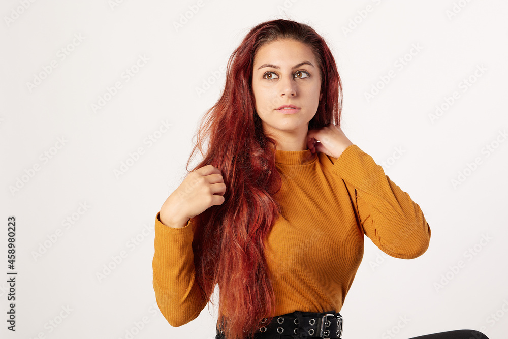 beautiful girl of 20 and a few years old hair and with a very nice hairstyle on an isolated white background beautiful girl of 20 and a few years old hair and with a very nice hairstyle on an isolated white background