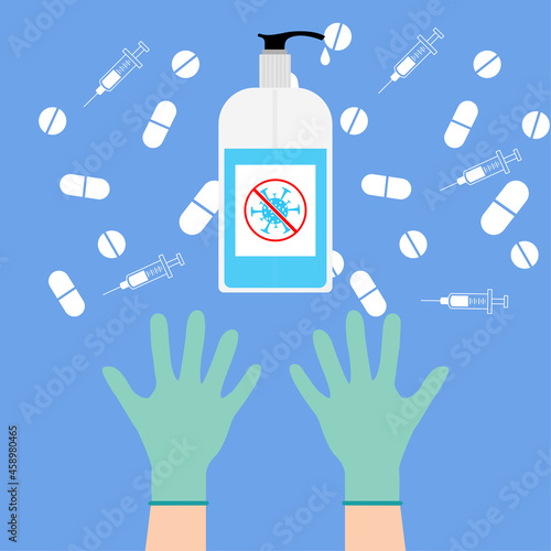 Hand sanitizers. Alcohol rub sanitizers kill most bacteria, fungi and stop some viruses such as coronavirus. Hygiene product. Sanitizer bottle. Covid-19 spread prevention. Vector illustration
