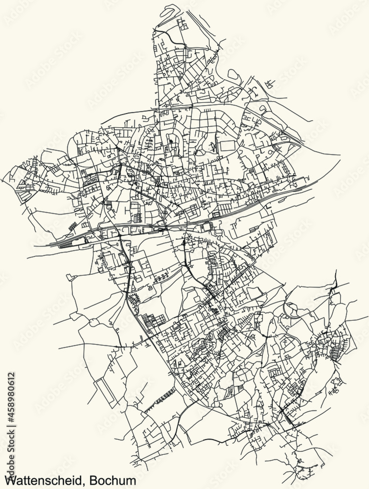 Detailed navigation urban street roads map on vintage beige background of the quarter Bochum-Wattenscheid district of the German regional capital city of Bochum, Germany