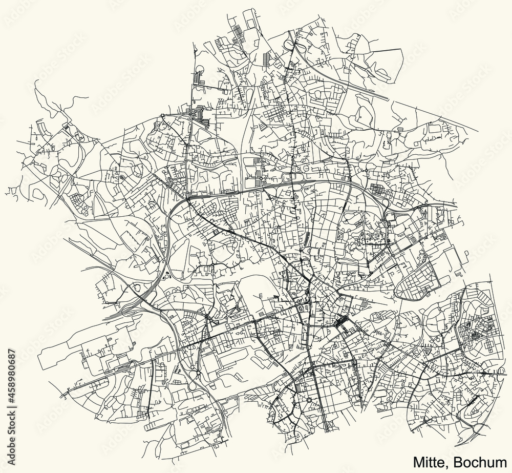 Detailed navigation urban street roads map on vintage beige background of the quarter Bochum-Mitte district of the German regional capital city of Bochum, Germany