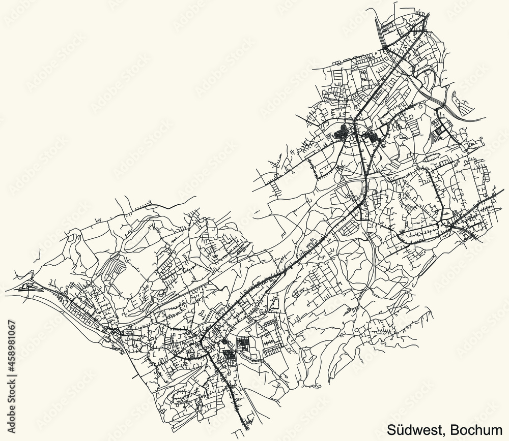 Detailed navigation urban street roads map on vintage beige background of the quarter Bochum-Südwest district of the German regional capital city of Bochum, Germany