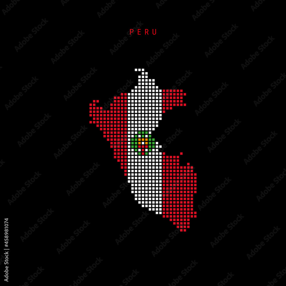 Obraz premium Square dots pattern map of Peru. Dotted pixel map with flag colors. Vector illustration