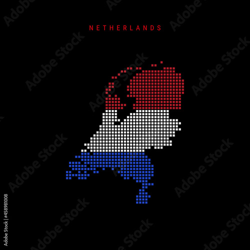Square dots pattern map of Netherlands. Dotted pixel map with flag colors. Vector illustration