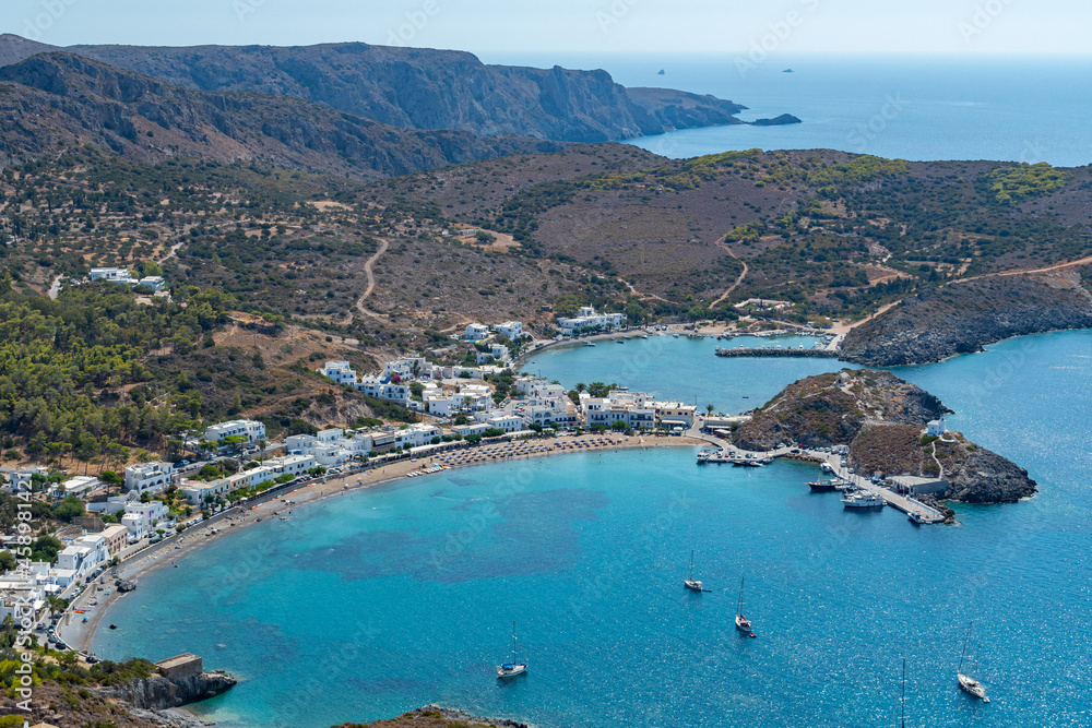 Kapsali village and beach view from the top of Castle of Chora (Fortezza), Kythera island, Greece