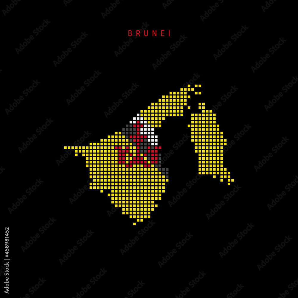 Obraz premium Square dots pattern map of Brunei. Dotted pixel map with flag colors. Vector illustration