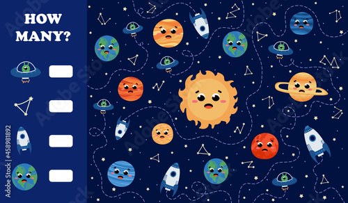 Educational counting game for kids with planets of solar system, math riddle in cartoon style with spaceships
