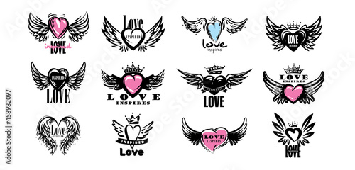A set of drawn vector illustrations of hearts and wings on a white background